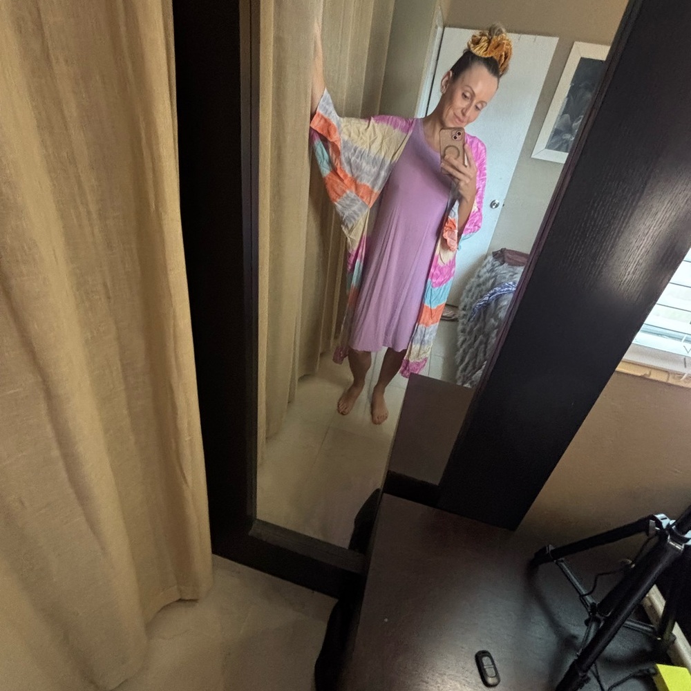 Colorful Striped Kimono and Lavender Dress